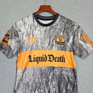 Liquid Death Mountain Water Soccer Jersey Grey Orange Static Print Size Small